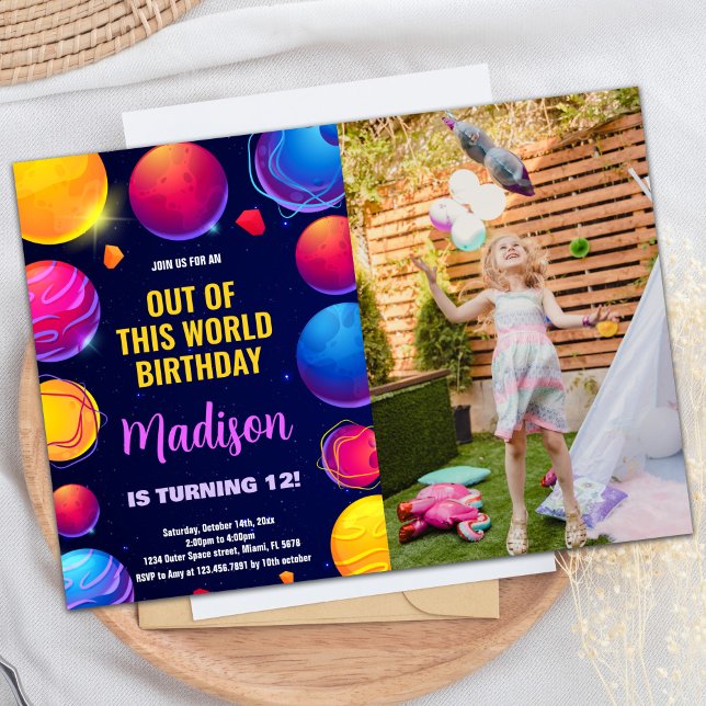 Photo Pink Purple Outer Space Birthday Invitations (Photo Pink Purple Outer Space Birthday Invitations)