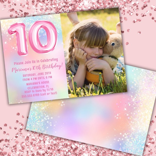 Photo Pink Rainbow 10th Birthday Invitation (Creator Uploaded)