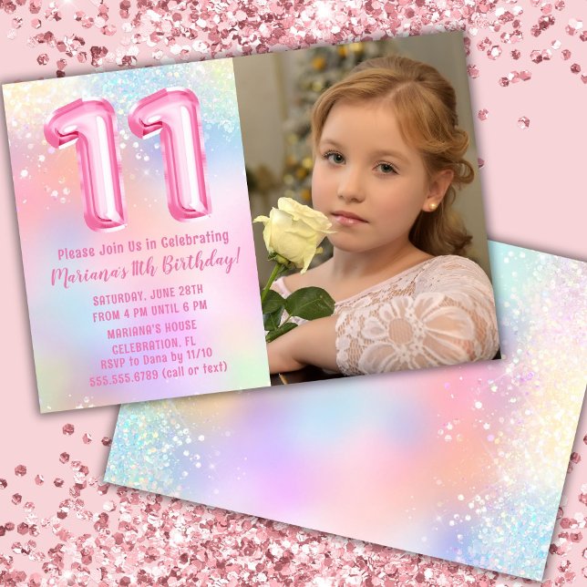 Photo Pink Rainbow 11th Birthday Invitation (Creator Uploaded)