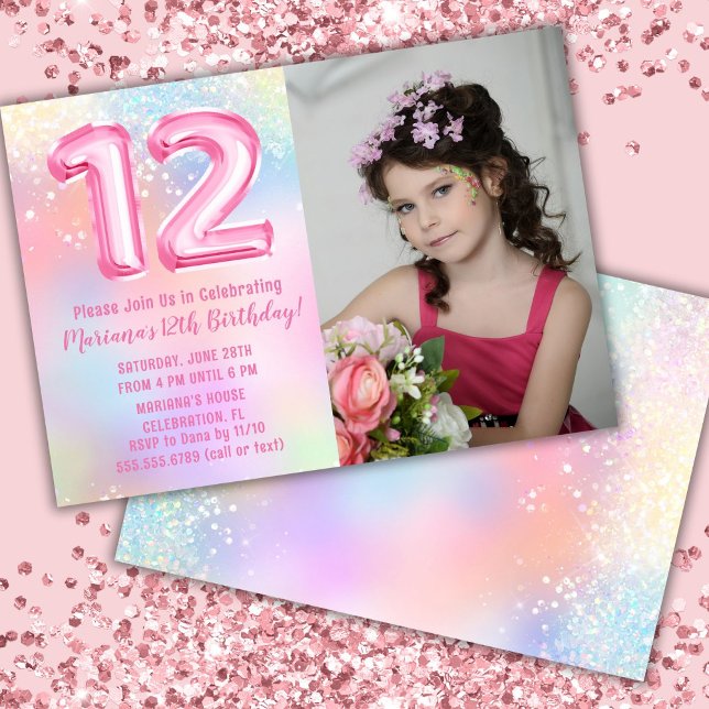 Photo Pink Rainbow 12th Birthday Invitation (Creator Uploaded)