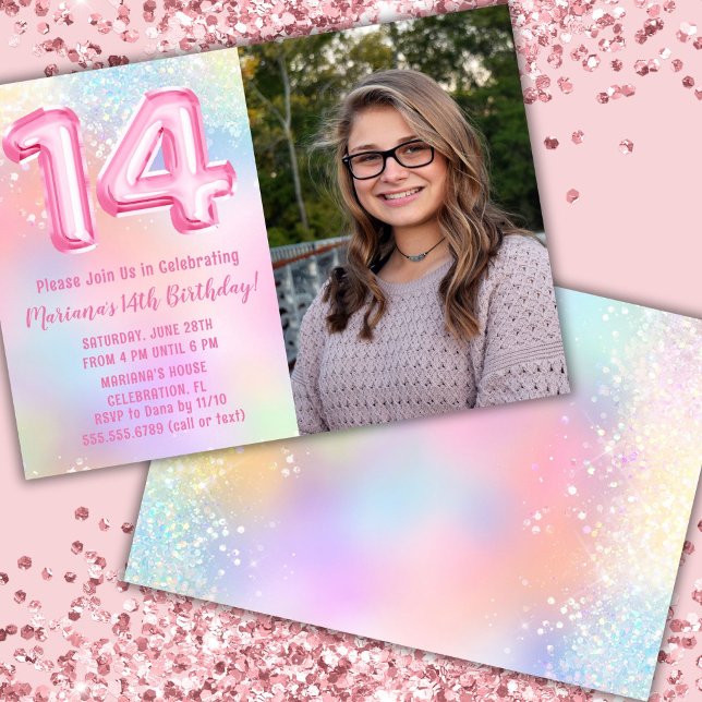 Photo Pink Rainbow 14th Birthday Invitation (Creator Uploaded)