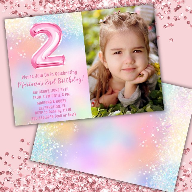 Photo Pink Rainbow 2nd Birthday Invitation (Creator Uploaded)