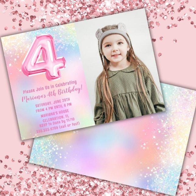 Photo Pink Rainbow 4th Birthday Invitation (Creator Uploaded)