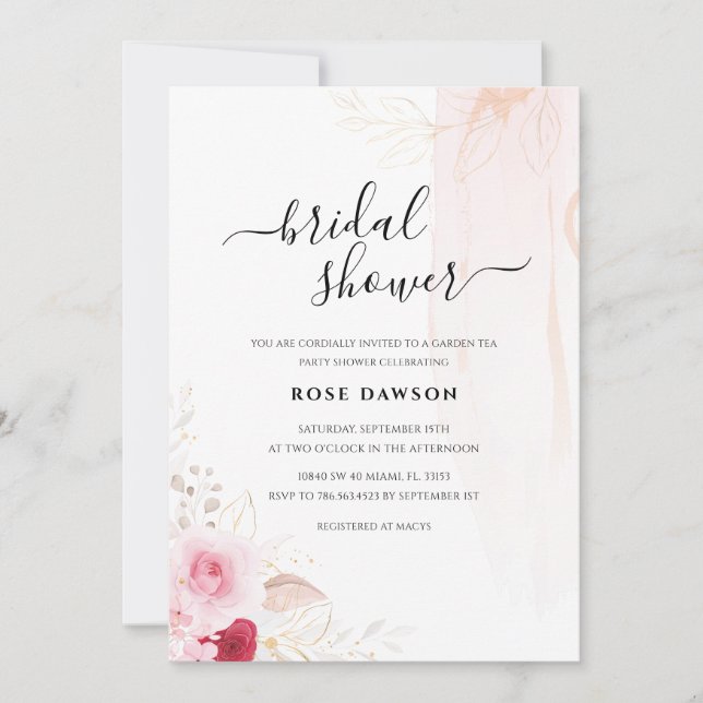 Photo Pink Red & Gold Floral Garden Bridal Shower Invitation (Front)