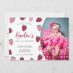Photo Pink & Red Strawberry Berry first Birthday  Invitation