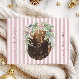 Photo Pink Ribbon Pine Family Christmas Holiday Card