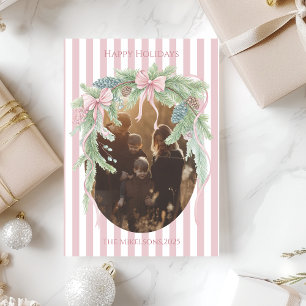 Photo Pink Ribbon Pine Family Christmas Holiday Card