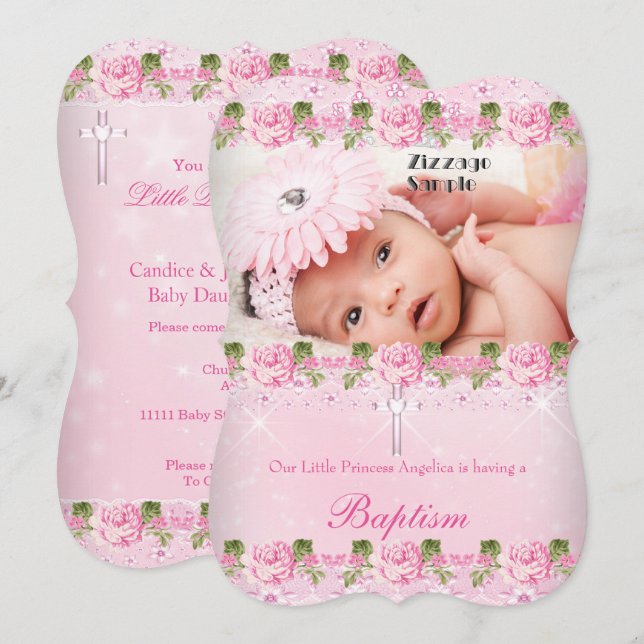 Photo Pink Rose Floral Baptism Baby Girl Invitation (Front/Back)