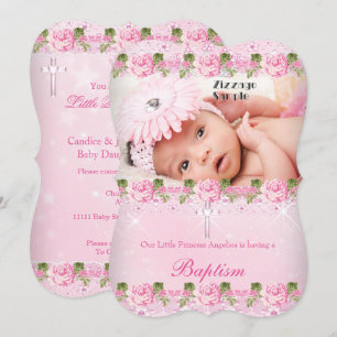 Photo Pink Rose Floral Baptism Baby Girl Invitation