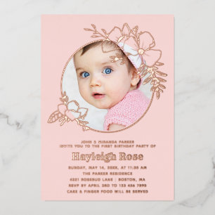Photo Pink Rose Gold Floral Frame 1st Birthday
