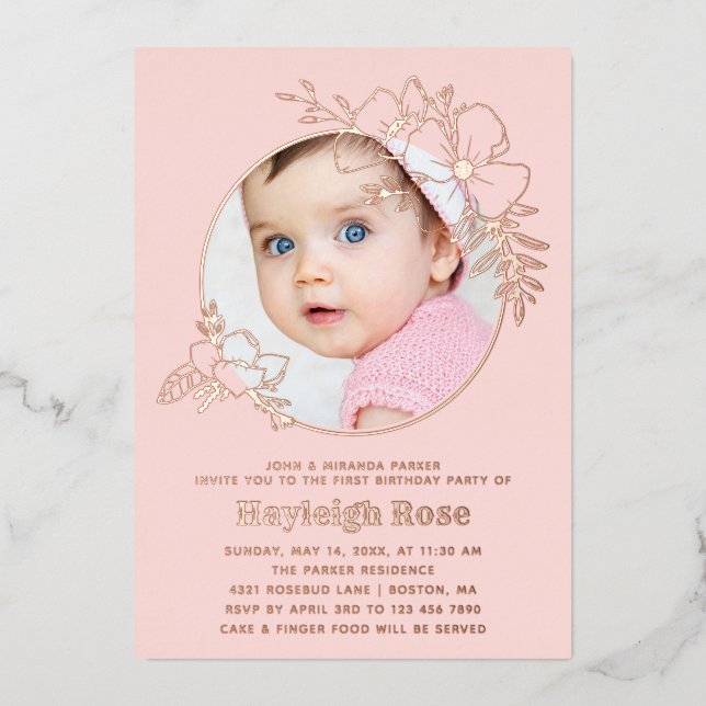 Photo Pink Rose Gold Floral Frame 1st Birthday (Front)