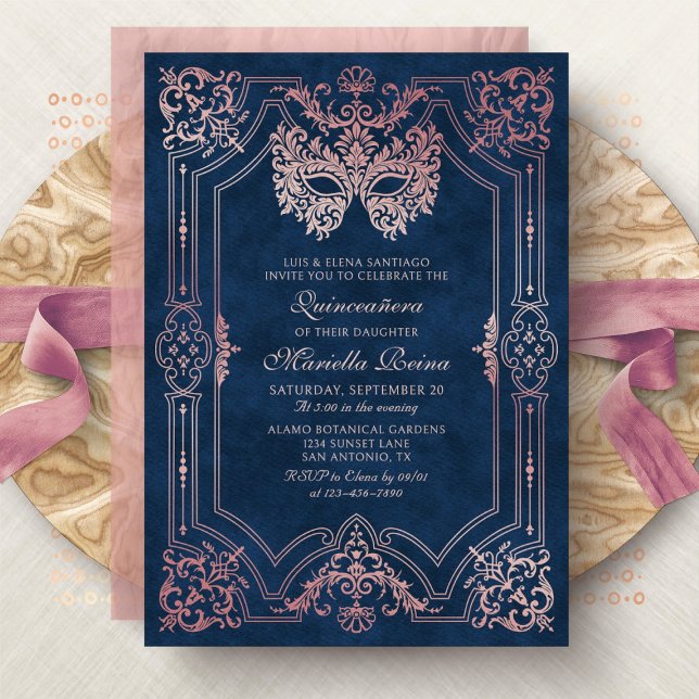 Photo Pink Rose Gold Masquerade Quinceanera Invitation (Creator Uploaded)