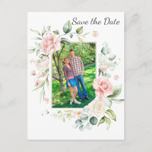 Photo Pink Roses Eucalyptus Greenery Save The Date Postcard