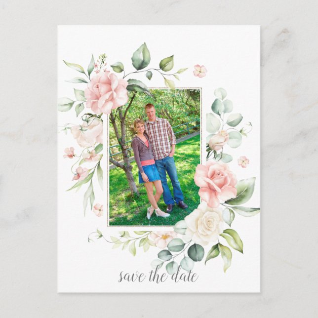 Photo Pink Roses Eucalyptus Greenery Save The Date Postcard (Front)