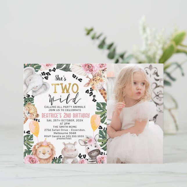 Photo Pink Roses Safari Two Wild Birthday Invitation (Standing Front)