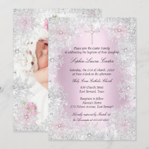 Photo Pink Silver Snowflakes Girl Baptism Cross Invitation