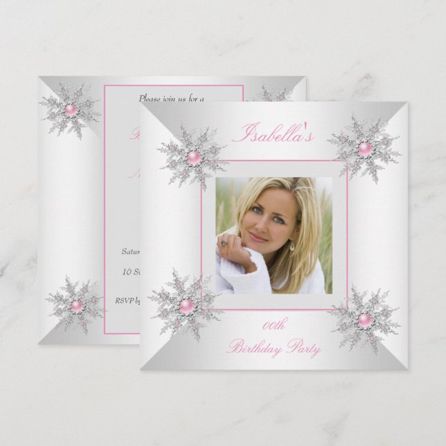 Photo Pink Snowflakes Winter Wonderland Party Invitation (Front/Back)