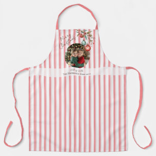 Photo Pink Stripe Family Name Kids Merry Christmas Apron