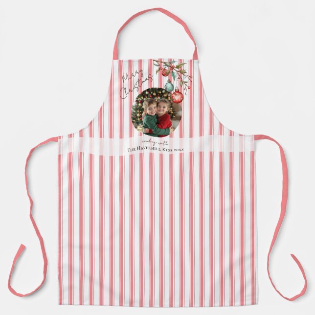 Photo Pink Stripe Family Name Kids Merry Christmas Apron (Front)