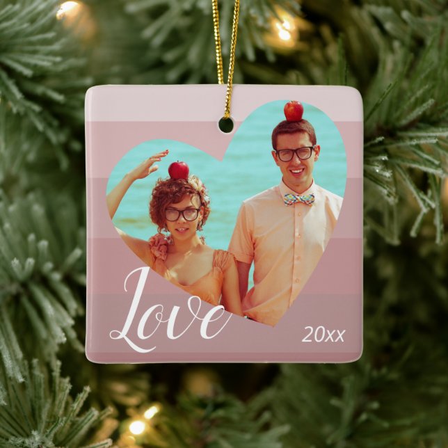Photo Pink Stripe Heart Valentine’s Day Ceramic Ornament (Tree)