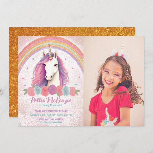 Photo Pink Unicorn, Roses, Rainbow Birthday Party Invitation (Front/Back)