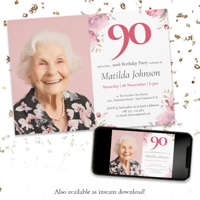 Photo Pink Watercolor Floral 90th Birthday Invitation (Photo 90th Birthday Pink Watercolor Floral Custom Invitation)