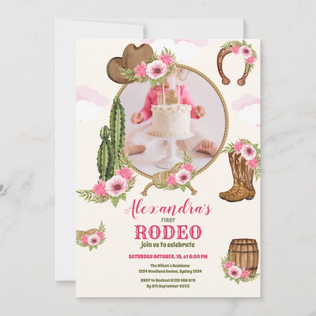 Photo Pink Western First Birthday Rodeo Baby Girl Invitation (Front)