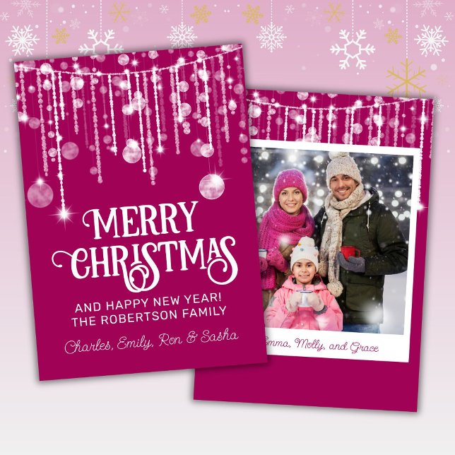 Photo Pink White String Lights Christmas Card (Creator Uploaded)