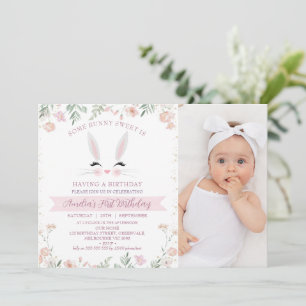 Photo Pink Wildflowers Some Bunny 1st Birthday Invitation