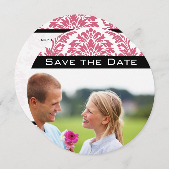 Photo Pink Yarrow Damask Save the Date Invitation (Front/Back)