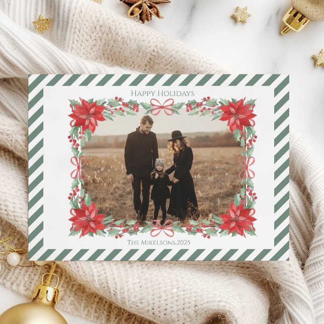 Photo Poinsettia Botanical Stripe Christmas Holiday Card (Creator Uploaded)