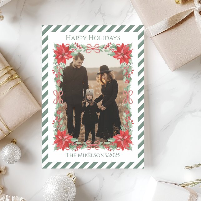 Photo Poinsettia Botanical Stripe Christmas Holiday Card (Creator Uploaded)