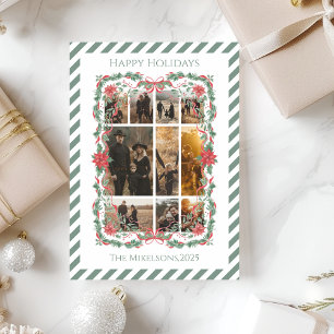 Photo Poinsettia Botanical Stripe Christmas Holiday Card