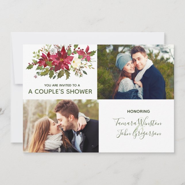 Photo Poinsettia Greenery Christmas Couples Shower Invitation (Front)