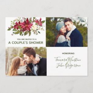 Photo Poinsettia Greenery Christmas Couples Shower Invitation