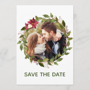 Photo Poinsettia Greenery Christmas Save The Date Invitation
