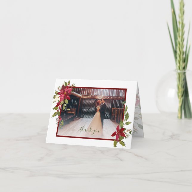Photo Poinsettia Greenery Christmas Wedding Thank You Card (Front)