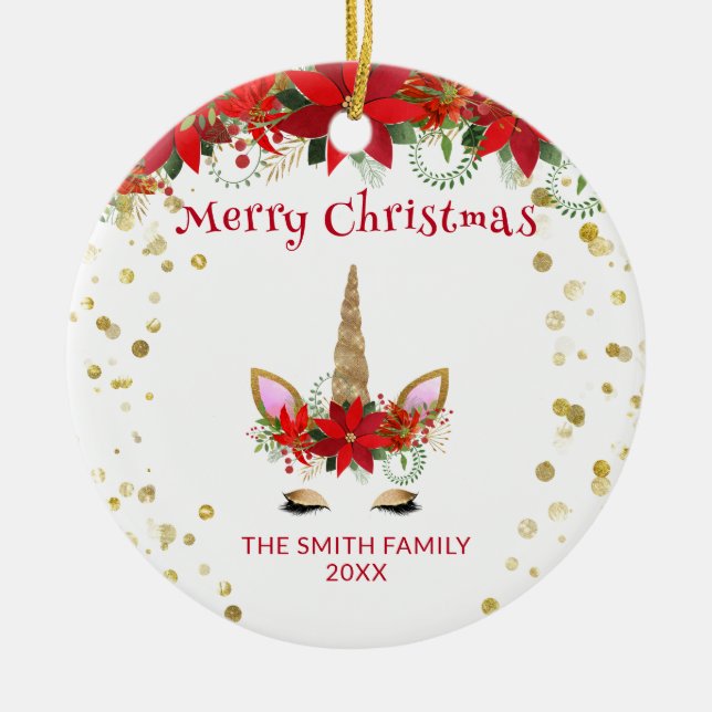 Photo Poinsettia Unicorn with Red Christmas Ceramic Tree Decoration (Front)