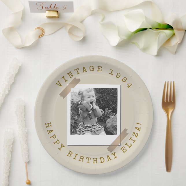 Photo Polaroid Vintage Birthday Sandy Beige Paper Plate (Wedding)
