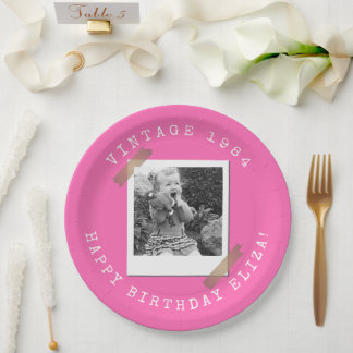 Photo Polaroid Vintage Hot Pink Birthday Paper Plate