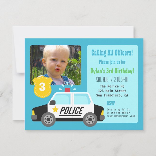 Photo Police Car Kids Birthday Party Invitation (Front)