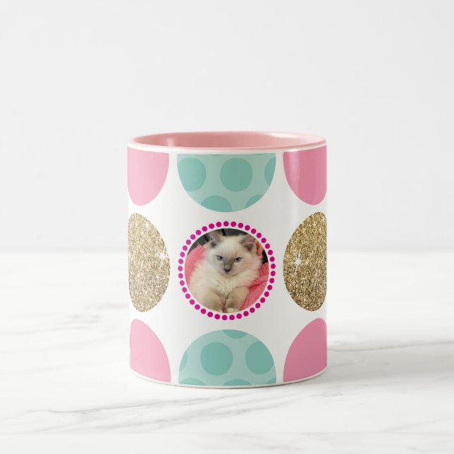 PHOTO POLKA DOT modern kids picture spot pink gold Two-Tone Coffee Mug (Center)