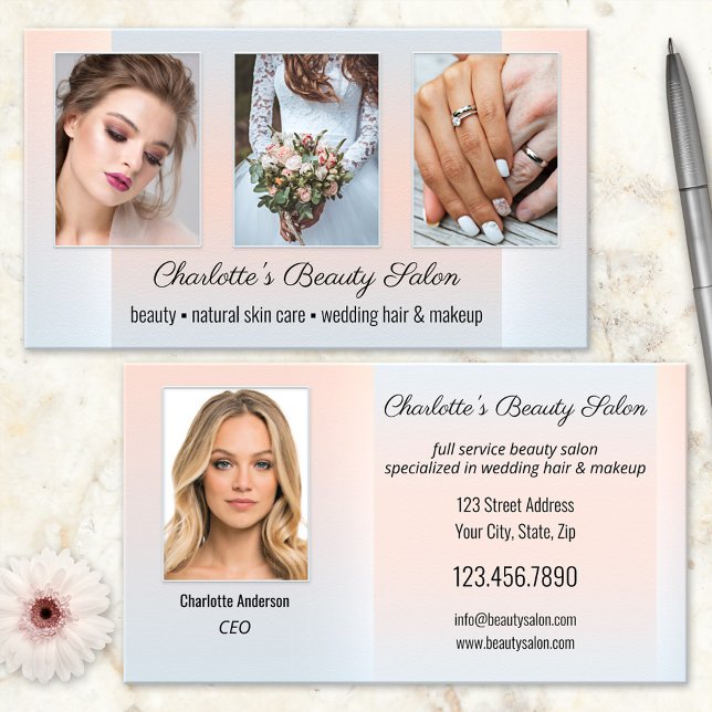 Photo Portfolio Beauty Salon Professional  Business Card (Elegant business card featuring your custom photos on a dusty blue and peach design)