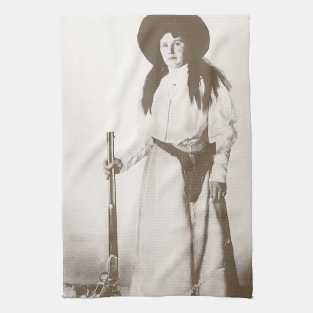 Photo Portrait of a Cowgirl Holding a Rifle, c1910 Tea Towel (Vertical)
