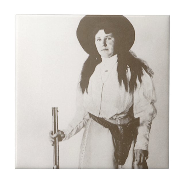 Photo Portrait of a Cowgirl Holding a Rifle, c1910 Tile (Front)