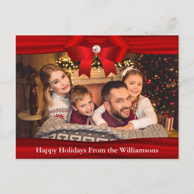 Photo Postcard Red Ribbon Diamond Happy Holidays (Front)