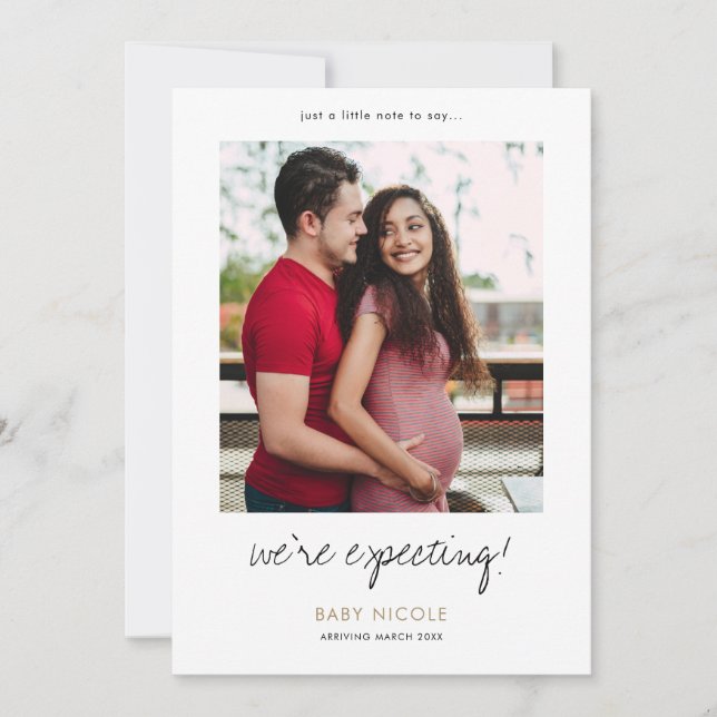 Photo Pregnancy Announcement Card with Gold Text (Front)