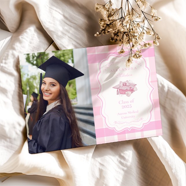 Photo Preppy Coquette Pink Bow Graduation Announcement (Creator Uploaded)