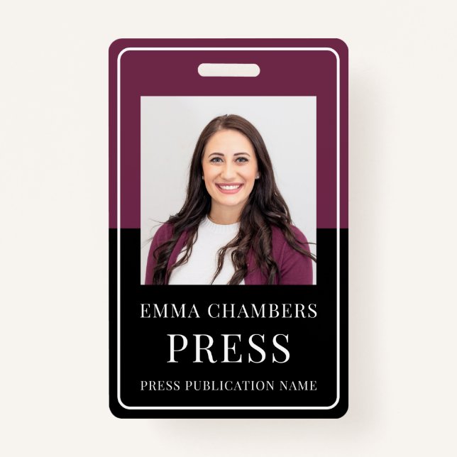 Photo Press Pass Burgundy Black ID Badge (Front)