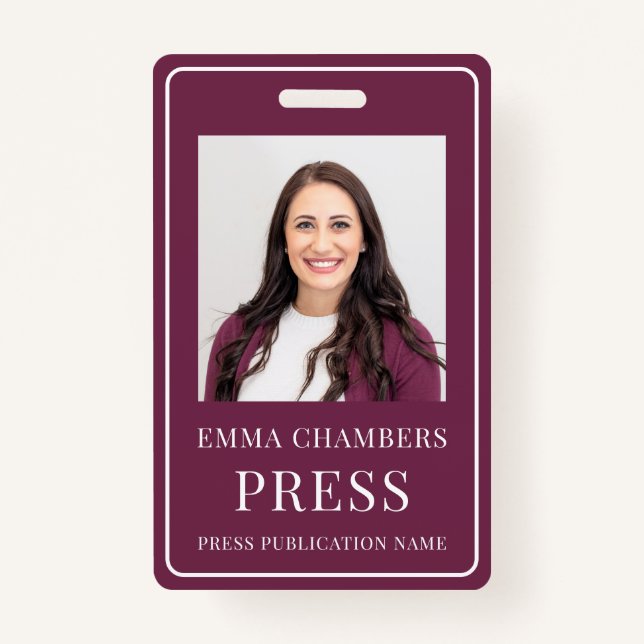 Photo Press Pass Burgundy ID Badge (Front)